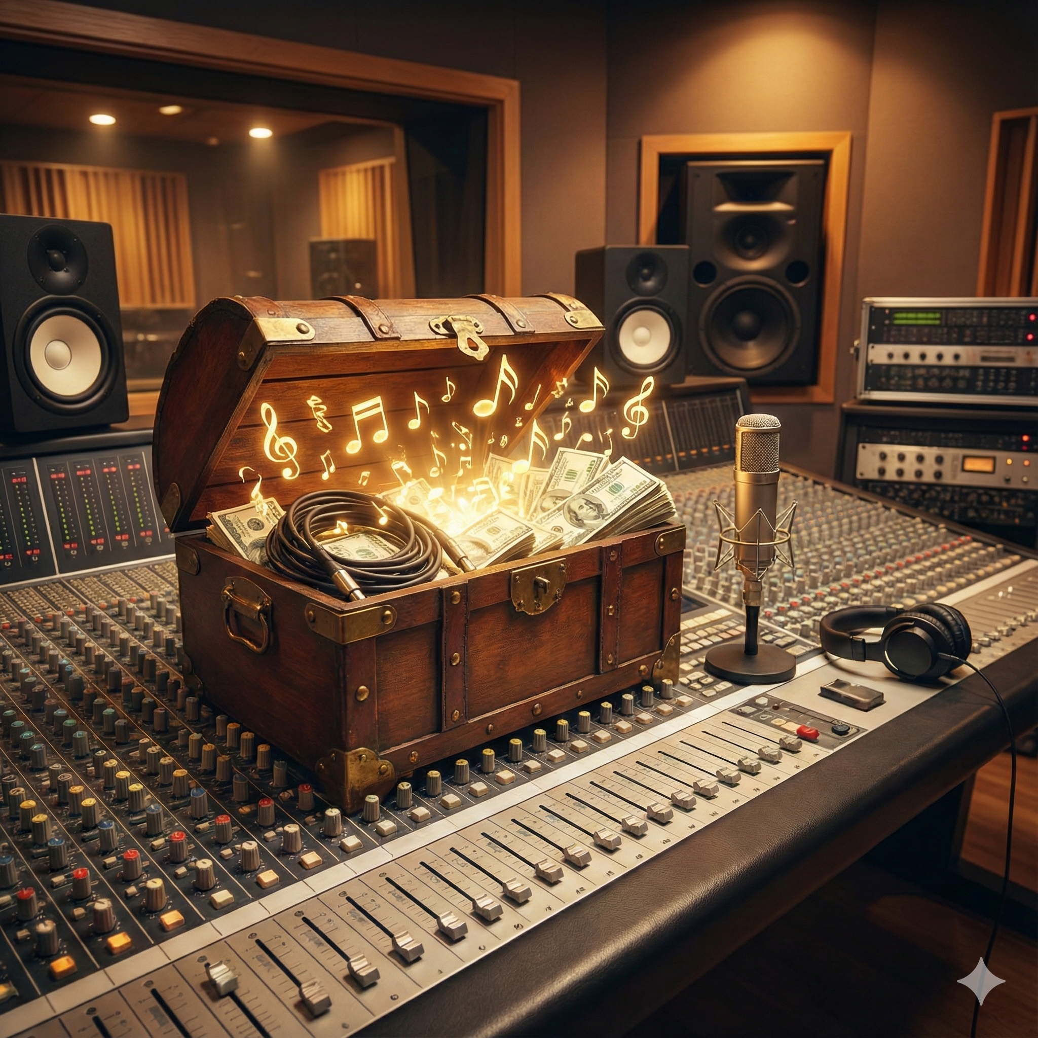 Treasure chest with money and music notes in recording studio
